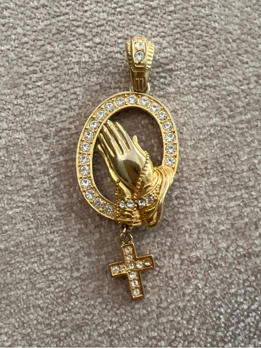 Gold Praying Hands Pendant Necklace with Crystal Cross